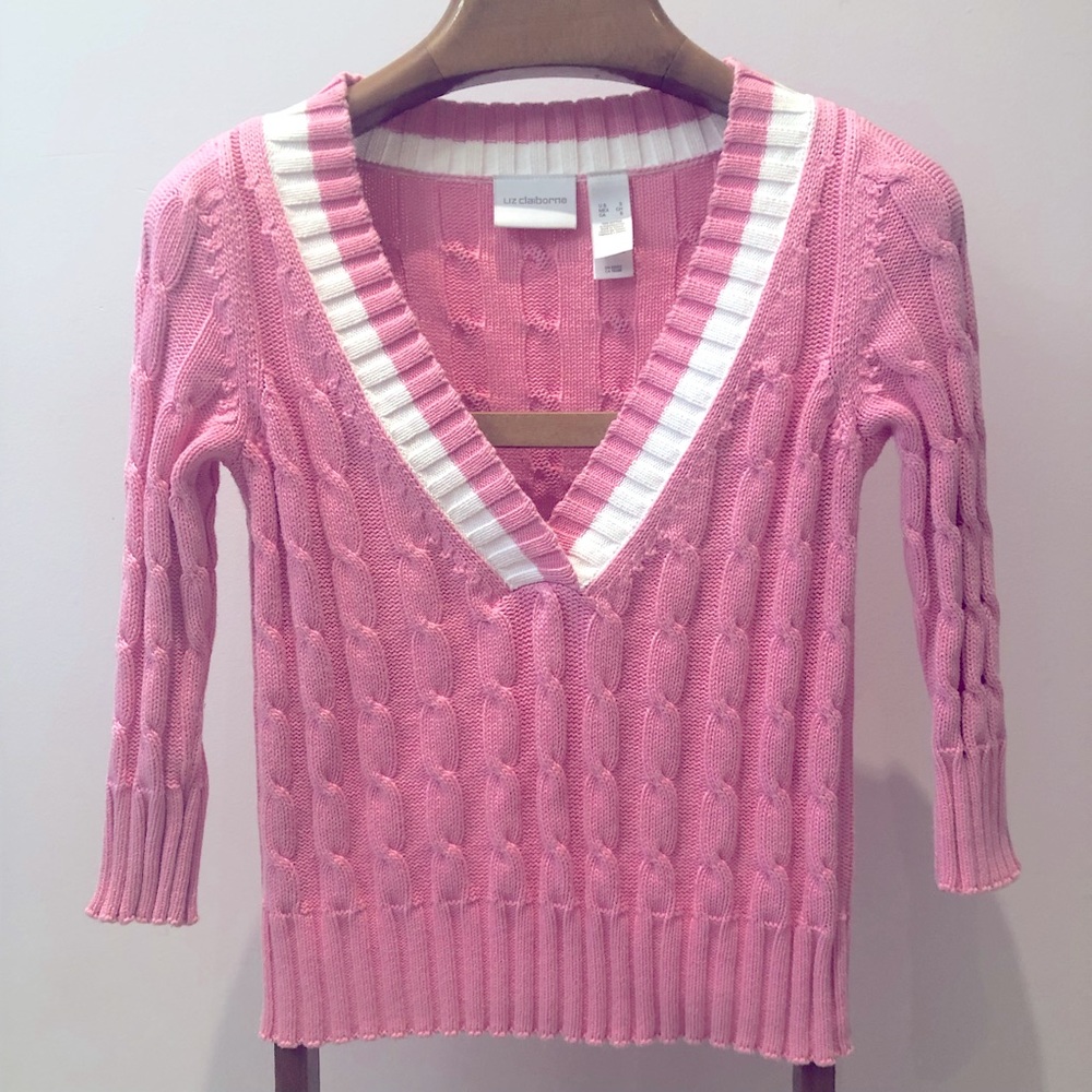 Pink w/ white stripe varsity v neck cable sweater 3/4 sleeves sz s